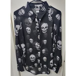Skulls Black & White Sheer Long Sleeve Button Up Blouse Women's Size Medium